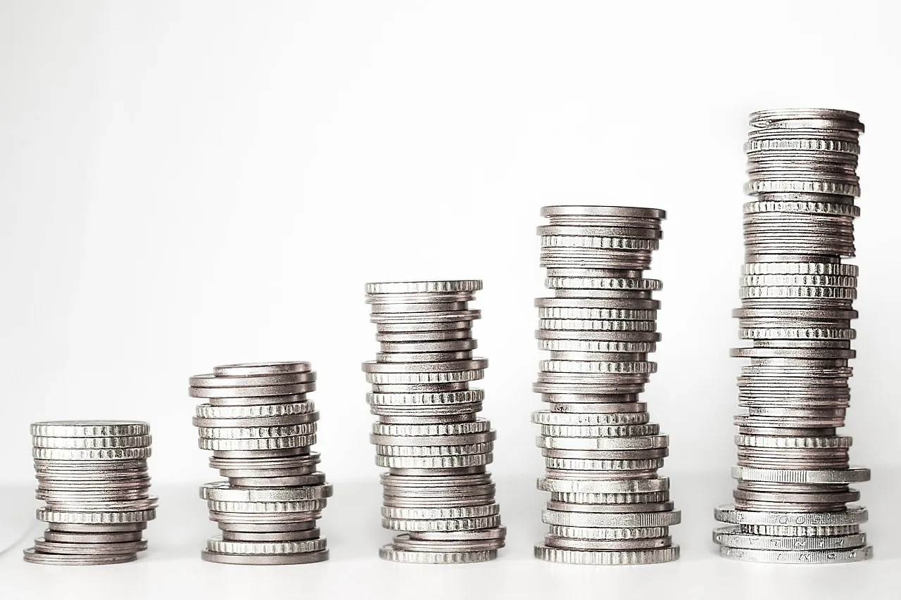 Cinco pilas de monedas de plata de diferentes alturas ordenadas de menor a mayor sobre fondo blanco.